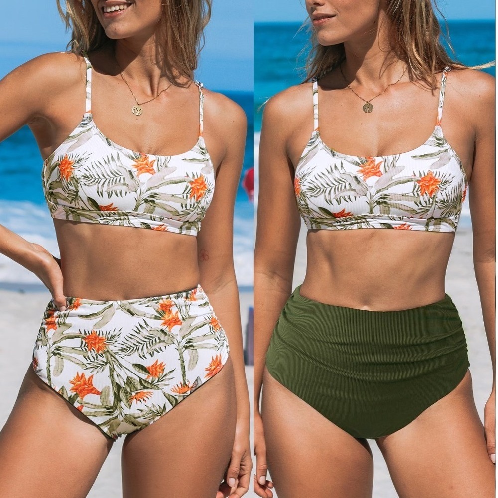 CUPSHE Tropical Bikini Bralette Reversible Bottoms Set Olive Green White S NWT